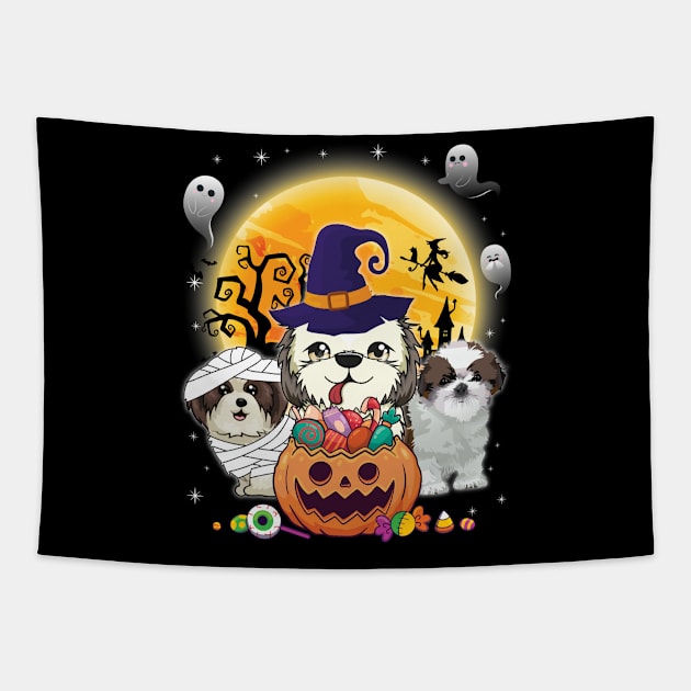 Shih Tzu Dog Mummy Witch Moon Ghosts Happy Halloween Thanksgiving Merry Christmas Day Tapestry by joandraelliot