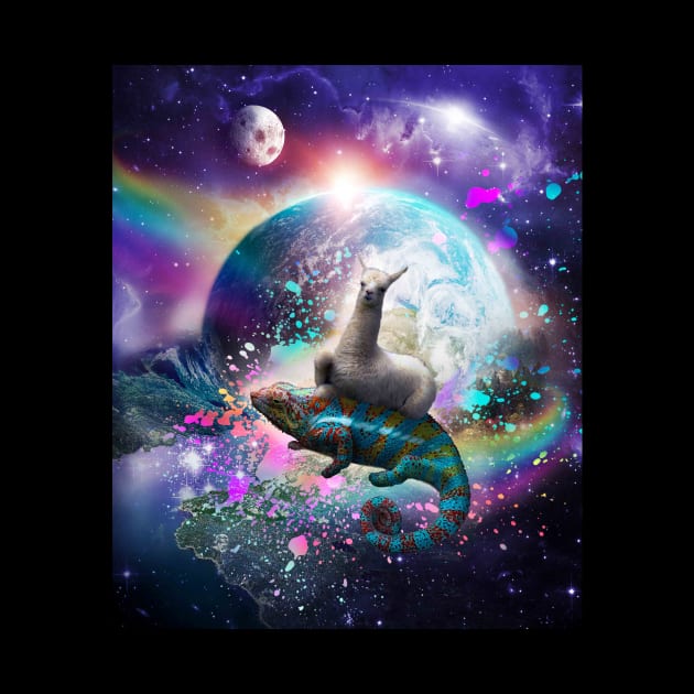 Llama Riding Rainbow Chameleon Lizard In Space Universe by Random Galaxy