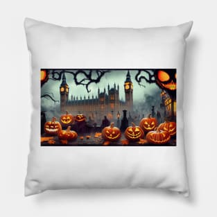 A group of pumpkins with faces carved into them sitting in front of a castle Pillow