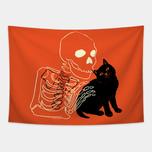 Skeleton and Kitten Tapestry by SarahWrightArt
