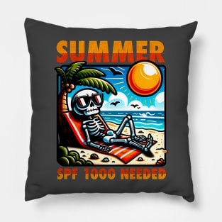 Funny skeleton tanning on the summer beach Pillow