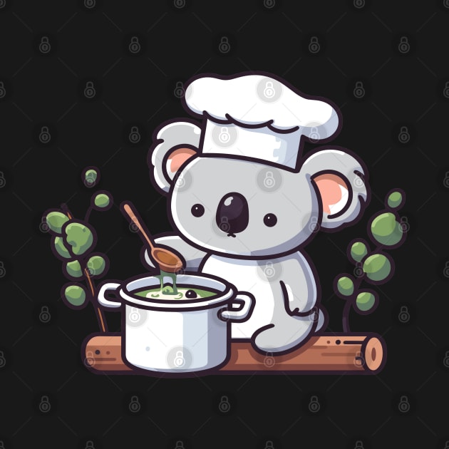Cute koala chef with a pot of soup, koala bear cooking illustration, kawaii koala lovers, chef design by Nora Liak