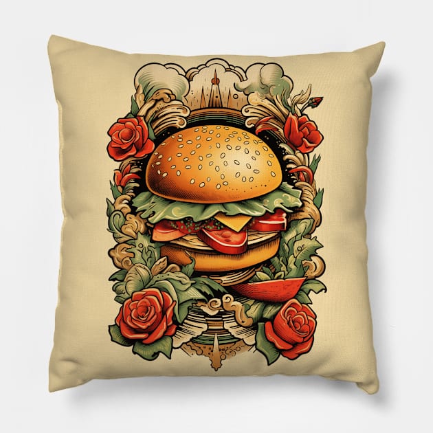 Hamburger Tattoo Pillow by JunkyDotCom