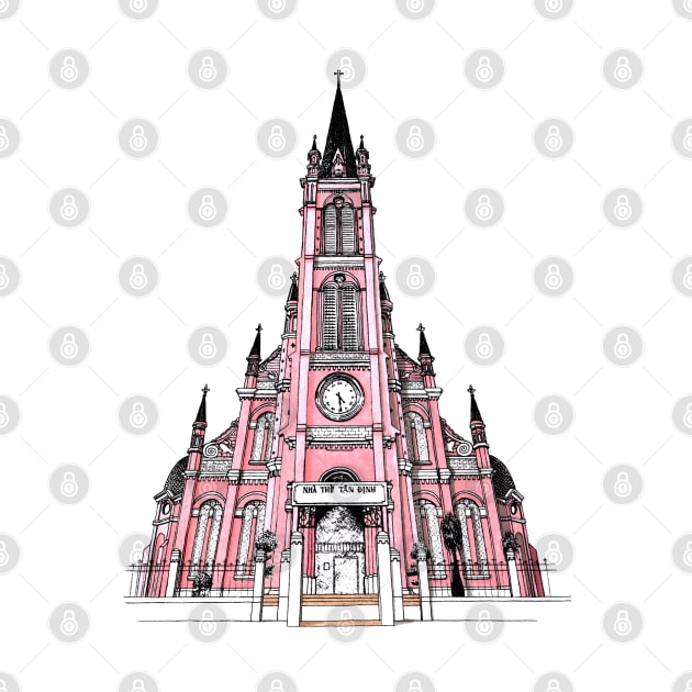 Pink Church in Saigon Vietnam by bens black line art