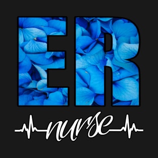 ER Nurse Heartbeat Blue Flower T-Shirt