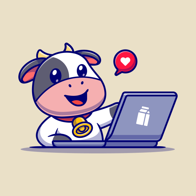 Cute Cow Working On Laptop Cartoon by Catalyst Labs