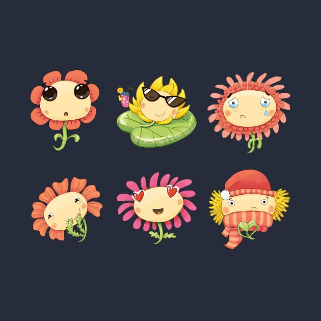 Set of emotions of cute characters in different flowers. by Nataly Agapitova