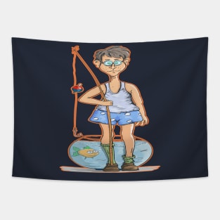 Man fishing in fish tank fish color Tapestry