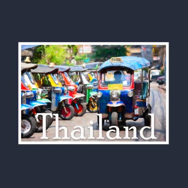 'Thailand' text over an illustration of colorful Thai Tuk-Tuks. by Earthworx