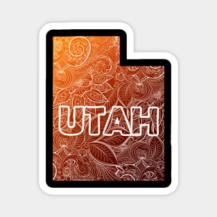 Colorful mandala art map of Utah with text in brown and orange Magnet