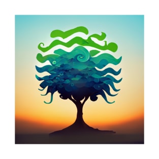 Solitary stylized tree at sunset with green and blue leaves. T-Shirt