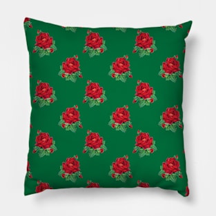 Red vintage roses on deep green Pillow