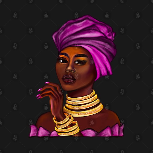 side eye Queen  Black is beautiful black girl with Gold bangles, neck ring necklace, purple dress and head wrap, brown eyes and dark brown skin ! by Artonmytee