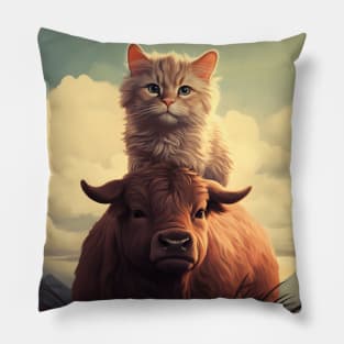 Feline Meets Bovine: Whimsical Cats and Gentle Cows Pillow