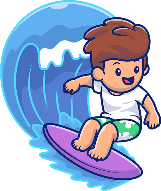 Cute Boy Surfing On Wave Kids T-Shirt by Catalyst Labs