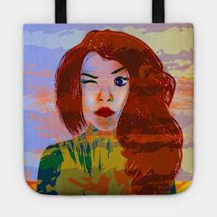 winking girl with brown hair Tote