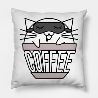 Cat in coffee cup with warped text sleeping black no hat Pillow