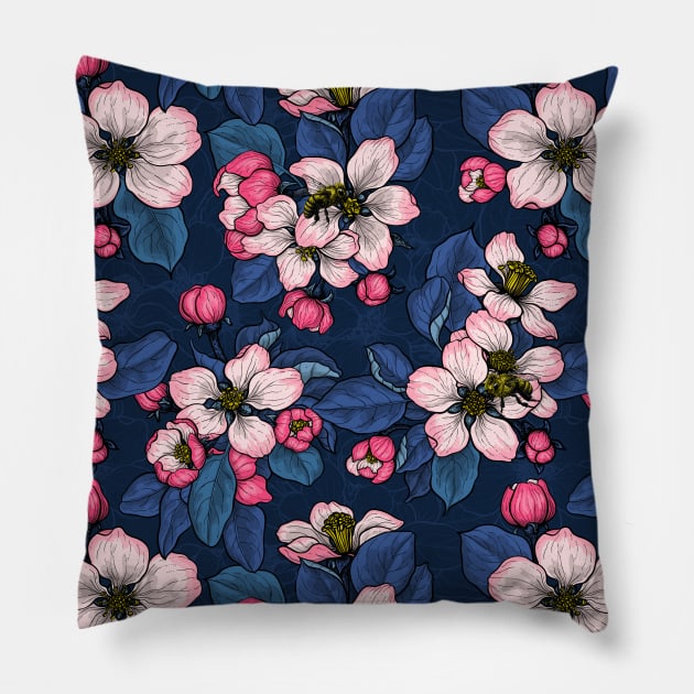 Apple blossom on dark blue Pillow by katerinamk