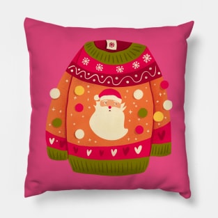 Cute Christmas sweater with Santa Claus and pom-poms. Colorful holiday illustration. Pillow