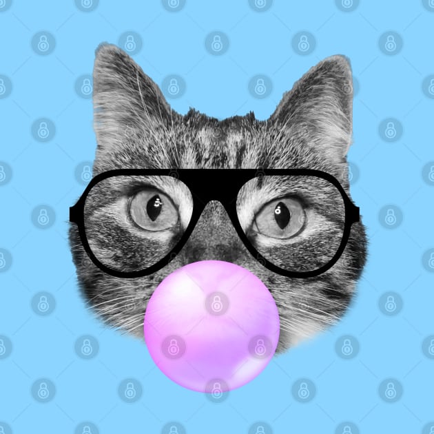 Cute fluffy hipster cat and a pink bubble gum by Purrfect