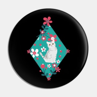 American Shorthair Cat and Flowers - Teal Pin