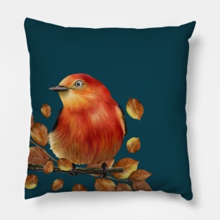 Little red bird with dried leaves. Pillow