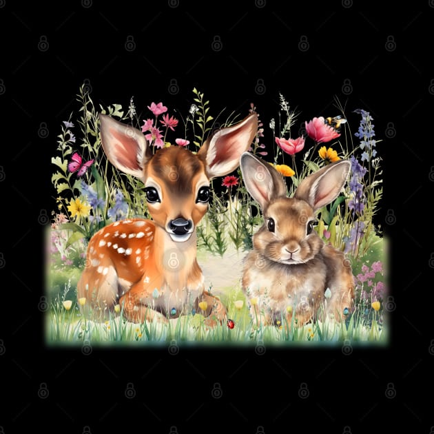 Fawn and Bunny in flowers and grass by KEWDesign