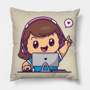 Cute Gamer Girl Playing Computer Cartoon Pillow