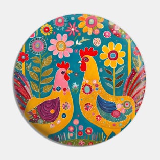 Two Painted Chickens Pin