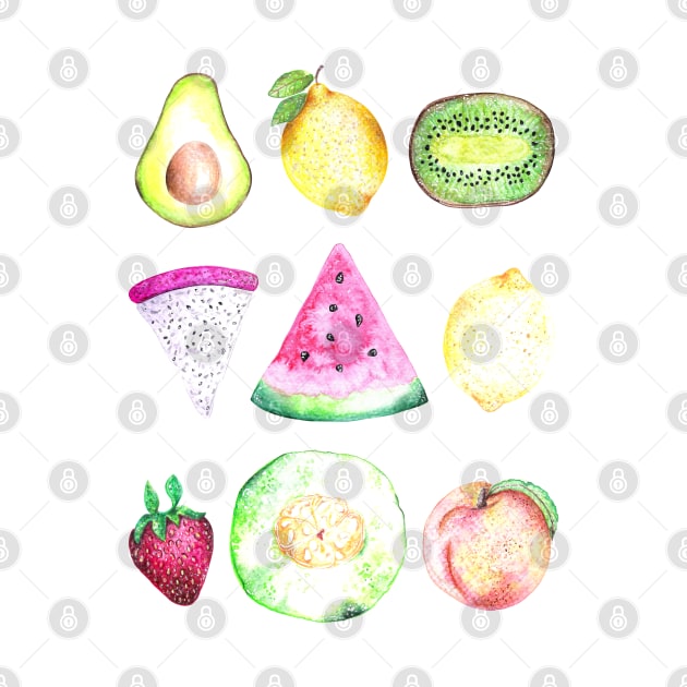 Watercolor Fruits Pattern - White by Neginmf