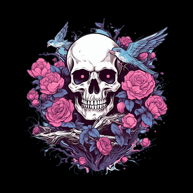 Skull with Flowers and Birds by TOKEBI