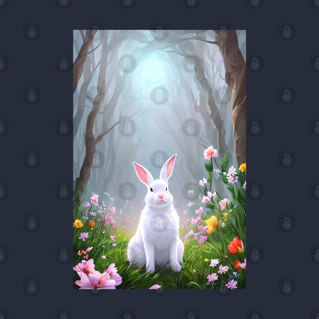 Fluffy white bunny rabbit in the woods with wildflowers by akwl.design