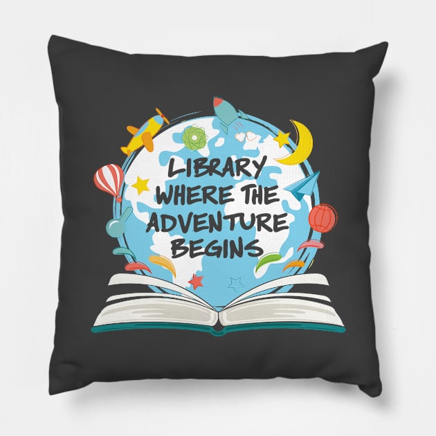 Library Where The Adventure Begins Pillow by Antrobus