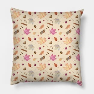 Autumn pattern with maple leaves, berries and spices Pillow