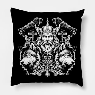 Viking God Odin With His Wolves And Crows Pillow