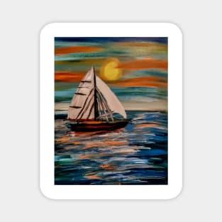 Sailing ship in the open ocean at sunset Magnet