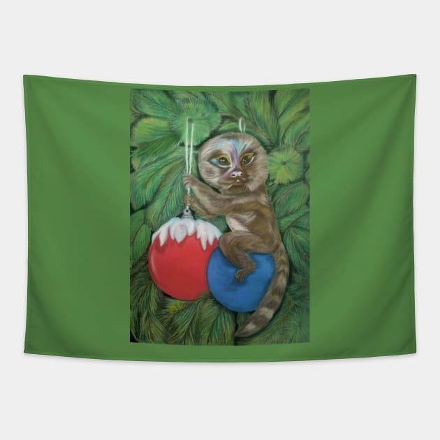 Pygmy Marmoset in the Festive Christmas Tree Tapestry by mariasibireva