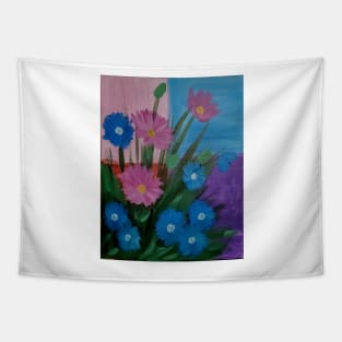 pink and blue carnations set against a color block background. Tapestry