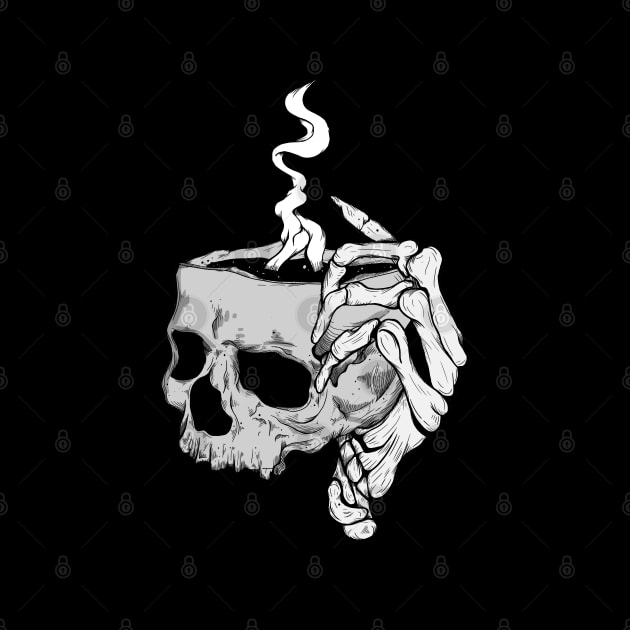 Skeleton hand holding skull coffee by Jess Adams