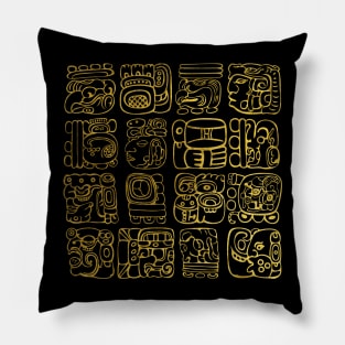 Mayan and aztec glyphs gold on vintage texture Pillow