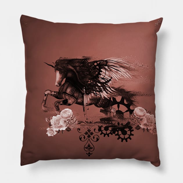Awesome running steampunk unicorn with wings Pillow by Nicky2342