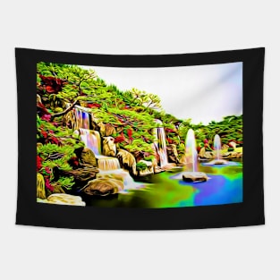 Azalea Waterfall Garden Green Aesthetic Retro Landscape Tapestry