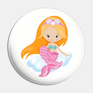 Little Mermaid, Cute Mermaid, Orange Hair, Shells Pin