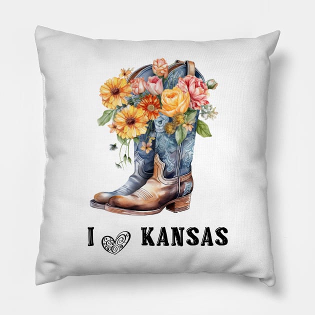 I Love Kansas Boho Cowboy Boots with Flowers Watercolor Art Pillow by AdrianaHolmesArt