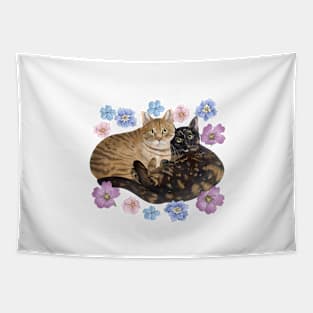 Two Cats with  Flowers Tapestry
