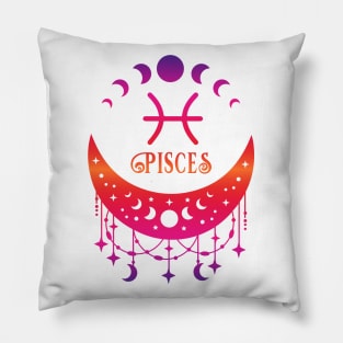 Rainbow Ombre Moon Phases and Pisces Zodiac Symbol Pillow