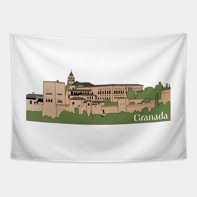 La Alhambra, Granada Line Art Colored Tapestry by maya-reinstein