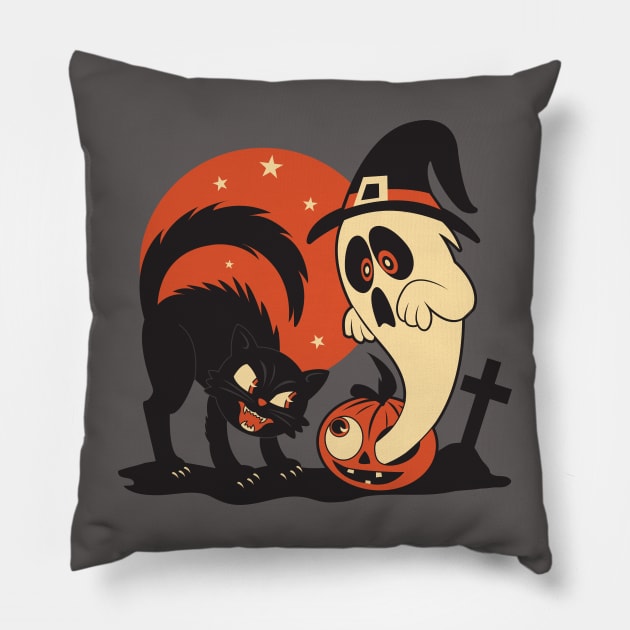 Vintage Halloween Cat and Ghost Scene Pillow by Kappacino Creations