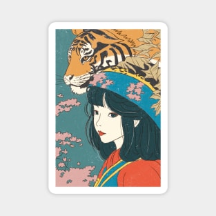 Lady tiger in pink flower forest Magnet