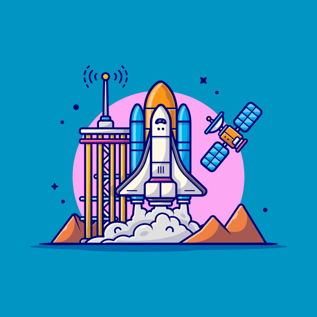 Space Shuttle Taking Off with Tower, Satellite and Mountain Cartoon Vector Icon Illustration by Catalyst Labs